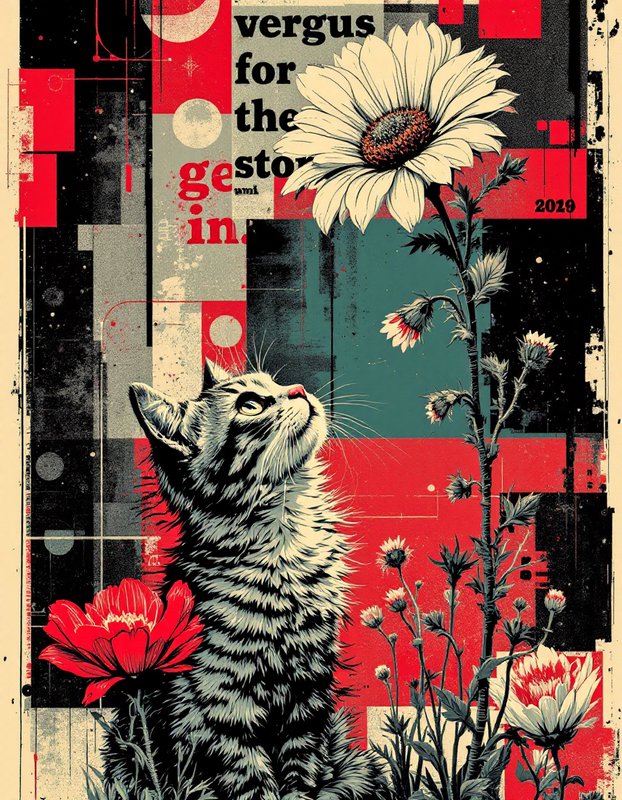 Retro grunge collage illustration of a tabby cat gazing up at tall wildflowers against a bold geometric abstract background.