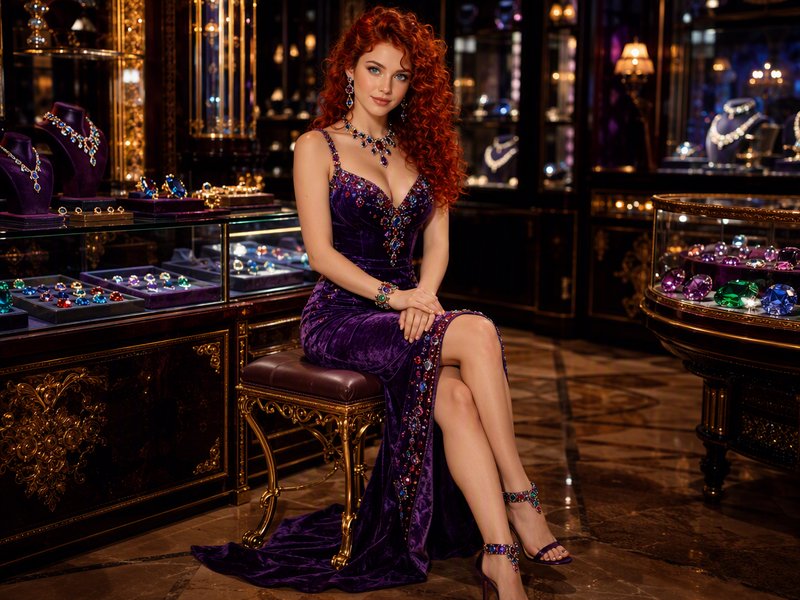 Glamorous curly red-haired woman in a gem-adorned purple velvet gown seated inside an upscale luxury jewelry boutique