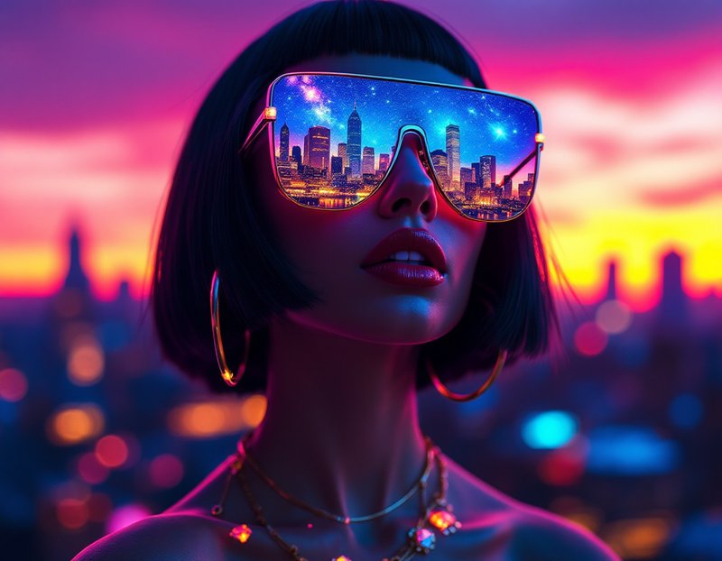 Stylish futuristic woman wears oversized sunglasses, with a lit city skyline reflected in lenses against a neon