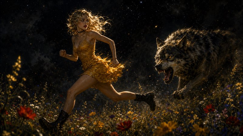 Blonde woman in a golden dress runs from a snarling giant wolf across a wildflower meadow under a starry night sky