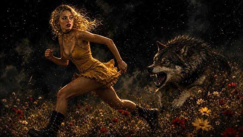 Curly blonde woman in yellow dress runs from a snarling giant wolf across a wildflower meadow under a dark starry sky.