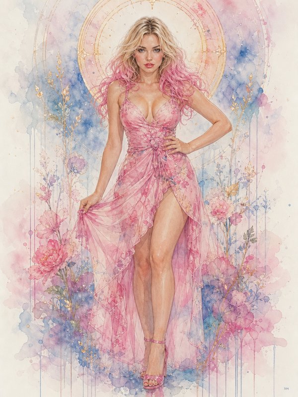 Watercolor portrait of a glamorous pink-haired woman in a sheer pink gown, framed by pastel florals and a gilded halo.