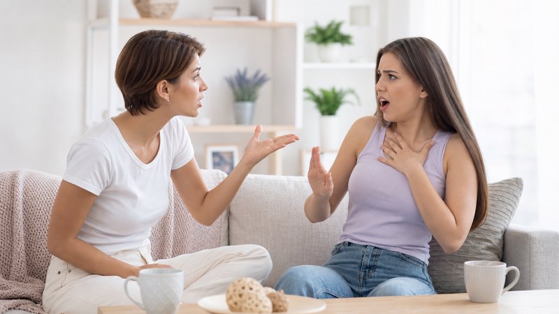 Two upset women gesturing while arguing, seated on a cozy sofa in a bright home living room