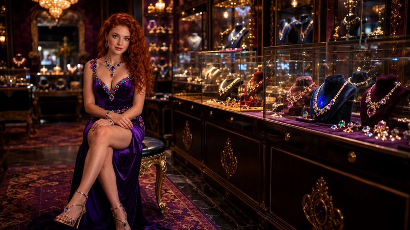 Glamorous curly red-haired woman in an embellished purple gown sits beside glass display cases in a luxury vintage