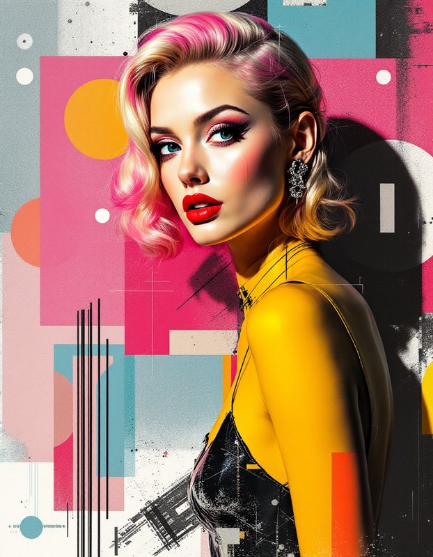 Glamorous pop art portrait of a woman with pink-tipped blonde hair, bold red lipstick, against a colorful geometric