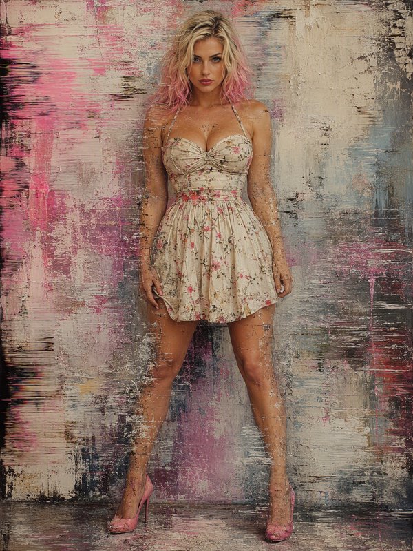 Glamorous woman with pink ombre blonde hair in a floral mini dress stands against a distressed abstract painted wall