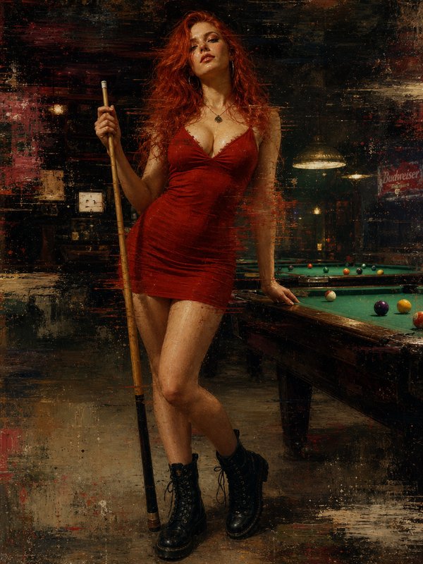 Textured painterly portrait of red-haired woman in red dress holding a pool cue beside a billiards table in a moody
