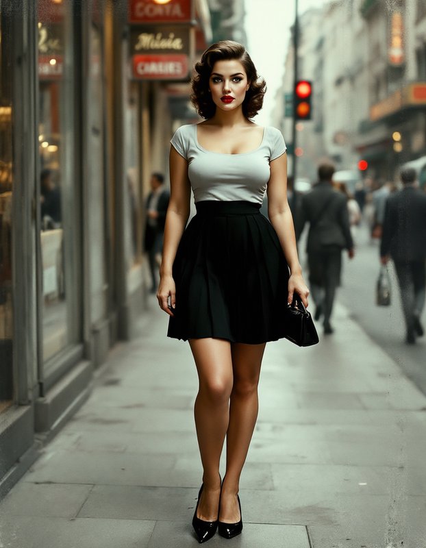 Glamorous retro woman with vintage curled hair stands on a busy downtown sidewalk holding a small black handbag