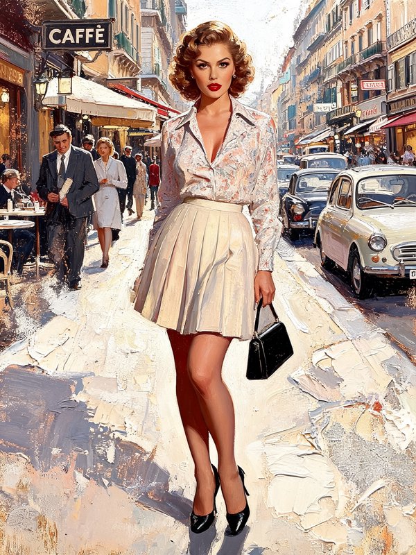 A fusion of analog distortion where photographic elements dissolve into painterly distortions, featuring deliberate signal degradation, smeared textures that suggest motion or decay, and heavy impasto techniques rendered digitally with physical-looking media artifacts that enhance emotional impact without altering subject identity or environment.
1950s italian curvy pin up woman, bold expression with direct eye contact, bold crimson lipstick, standing, wearing short pleated skirt, black high heels, black purse, full body on a busy city sidewalk