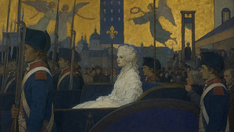 Historical painting of Marie Antoinette in a carriage en route to the guillotine, flanked by French Revolutionary