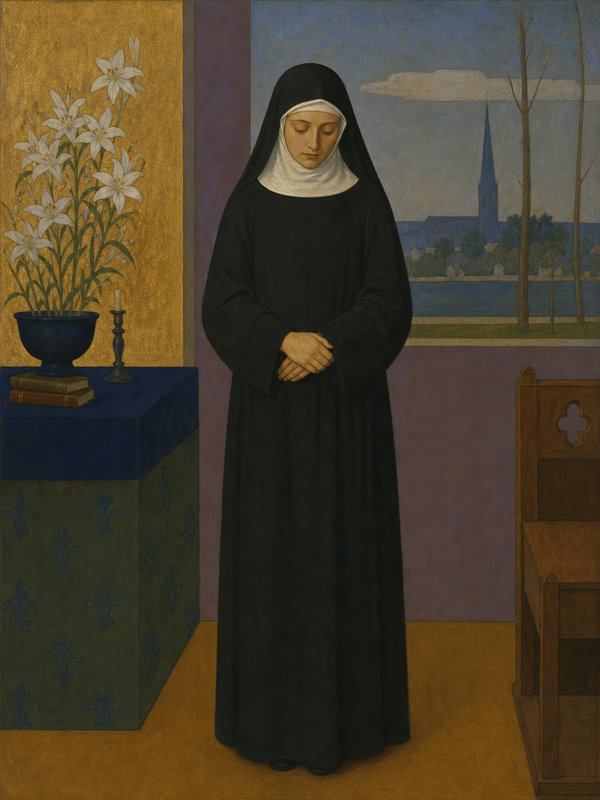 Stylized portrait of a contemplative nun in a black habit, hands clasped, standing indoors beside a vase of white lilies