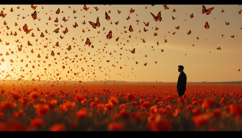 Silhouetted man stands in a red poppy field as swarms of orange monarch butterflies fill the golden sunset sky