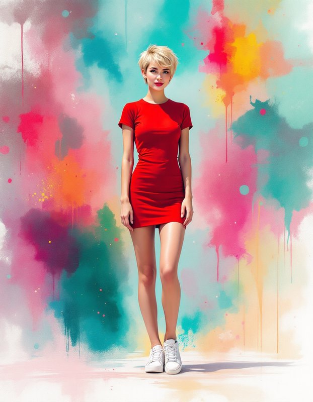 [Blonde woman in a red bodycon mini dress and white sneakers stands against a vibrant abstract paint splash background]