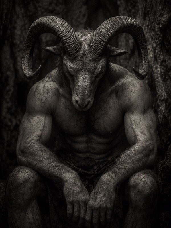 Monochrome portrait of a muscular horned goat-humanoid creature sitting bowed against a dark forest backdrop
