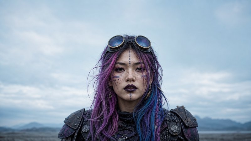 Steampunk warrior woman with purple-blue hair, goggles on her forehead, stands against an overcast barren mountain backdrop