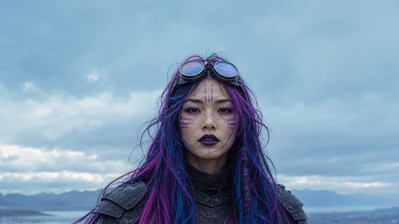 Portrait of fierce fantasy warrior woman with purple-blue hair, steampunk goggles, and face paint against an overcast