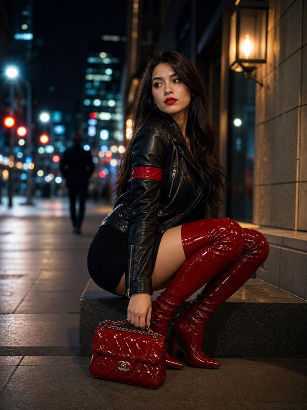 Glamorous woman in a black leather jacket and red thigh-high boots sits on a city sidewalk at night holding a red