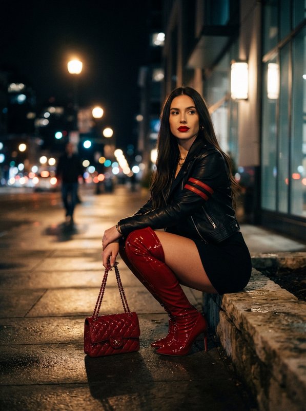 [Stylish woman with bold red lipstick crouches on a wet city sidewalk at night, wearing red over-the-knee boots and holdin...