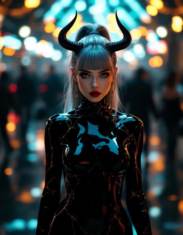 Horned cyberpunk woman with silver hair in glossy black bodysuit stands against glowing neon bokeh city background