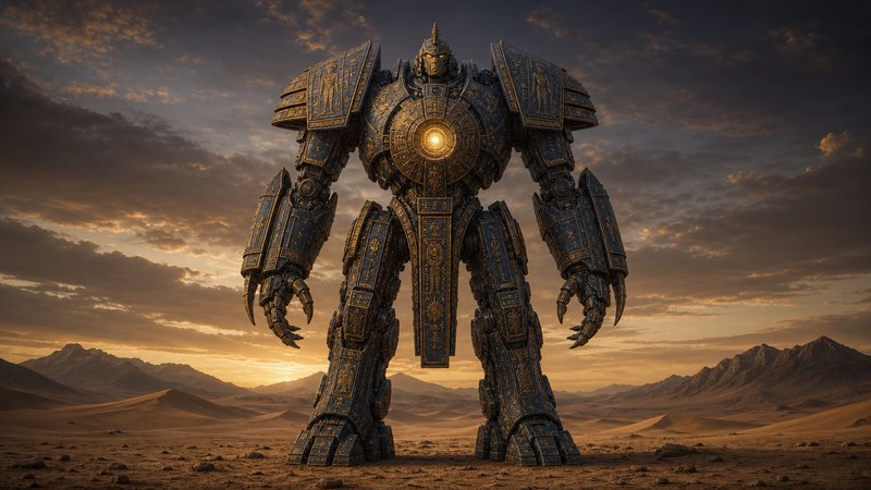 Giant ornate Egyptian-themed robotic golem stands sentinel in a sandy desert under a dramatic sunset sky