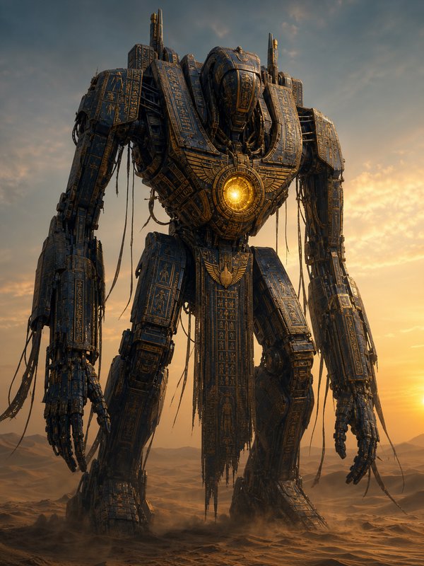 Towering ancient Egyptian-themed giant mech robot covered in hieroglyphs stands in desert, glowing chest core at golden