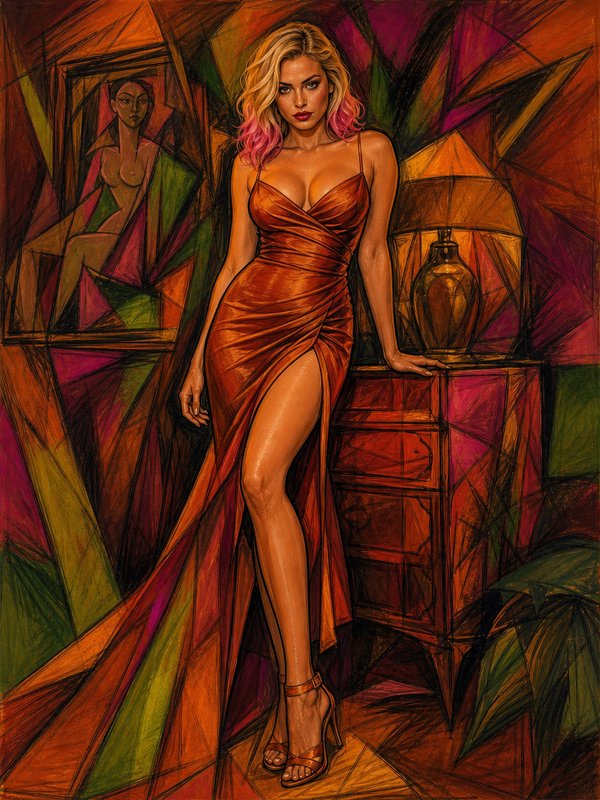 Cubist style portrait of a blonde woman with pink hair tips in a copper satin evening gown, posed next to a side table.