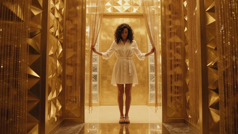 Woman in white shirt dress holds apart gold beaded curtains in an opulent all-gold luxury interior entryway