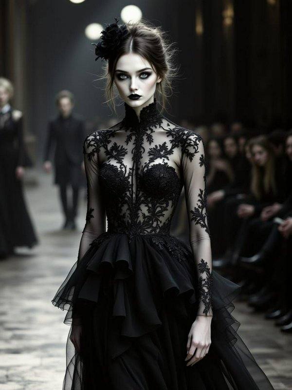 Gothic runway model in an intricate sheer black lace gown walks a moody dark couture fashion show runway