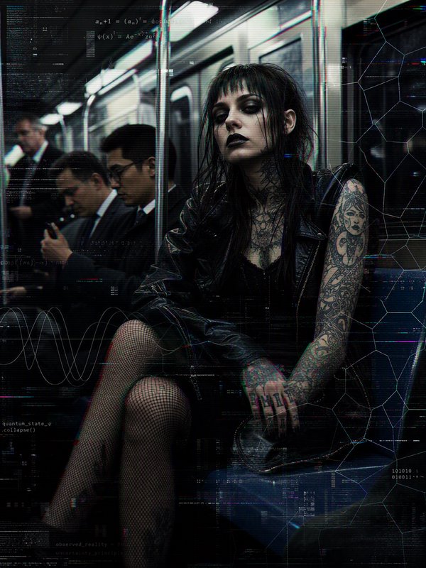 [Heavily tattooed goth woman sits on a subway train, overlaid with glitch digital code and math visual effects]