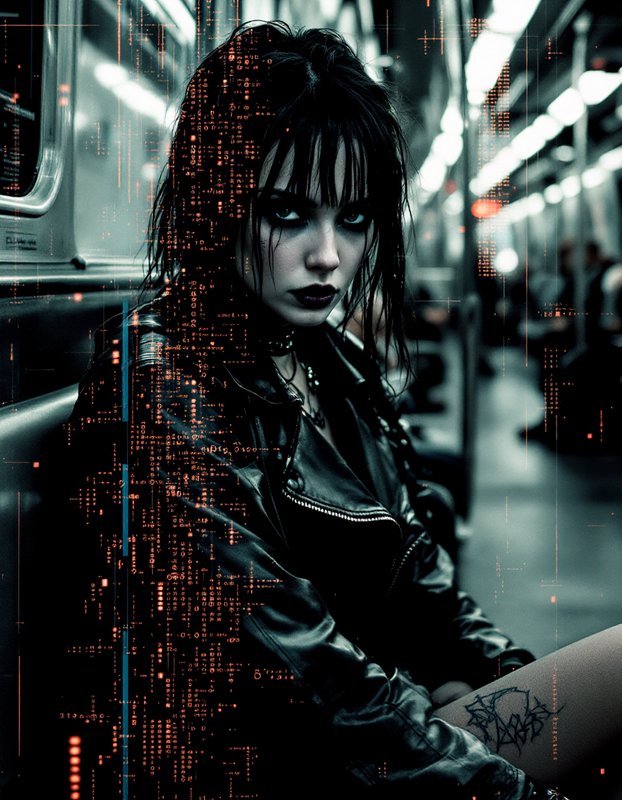 [Goth woman in a leather jacket sits on a subway, overlaid with glowing orange binary code glitch effects, staring directl...