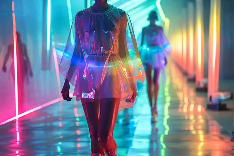 Futuristic runway models walk a glowing neon lit catwalk in iridescent sheer holographic mini dresses.