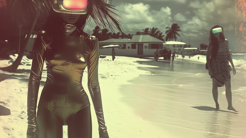 Futuristic women wearing VR visors stand on a grainy retro tropical beach, foreground figure in a shiny metallic bodysuit