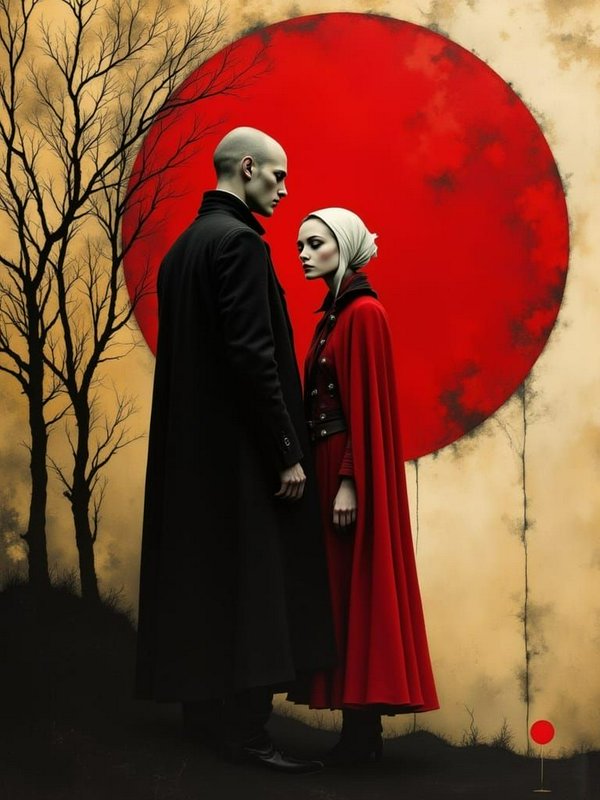 Surreal gothic portrait of a couple standing face to face before a large crimson blood moon, framed by bare silhouetted