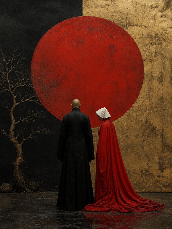Two robed figures stand before a large textured red circle against a split black and gold wall, beside a bare leafless tree.