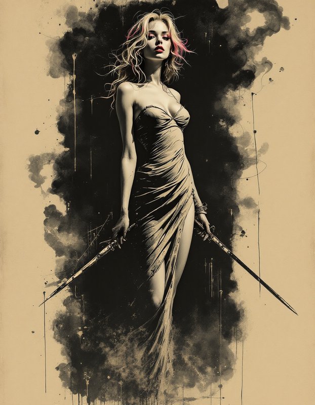Dramatic ink portrait of a fierce female warrior holding two ornate swords, wearing a draped gown against a smoky dark