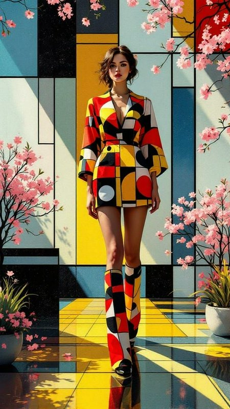 Female model in bold Mondrian-style geometric outfit stands framed by pink cherry blossoms against a graphic paneled wall.