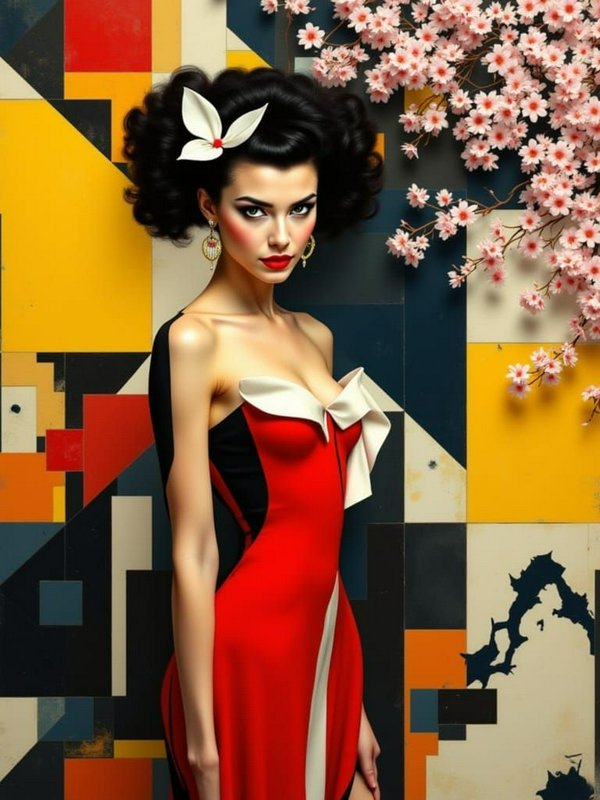 Glamorous retro portrait of a woman in a red gown against a geometric abstract wall with pink cherry blossoms