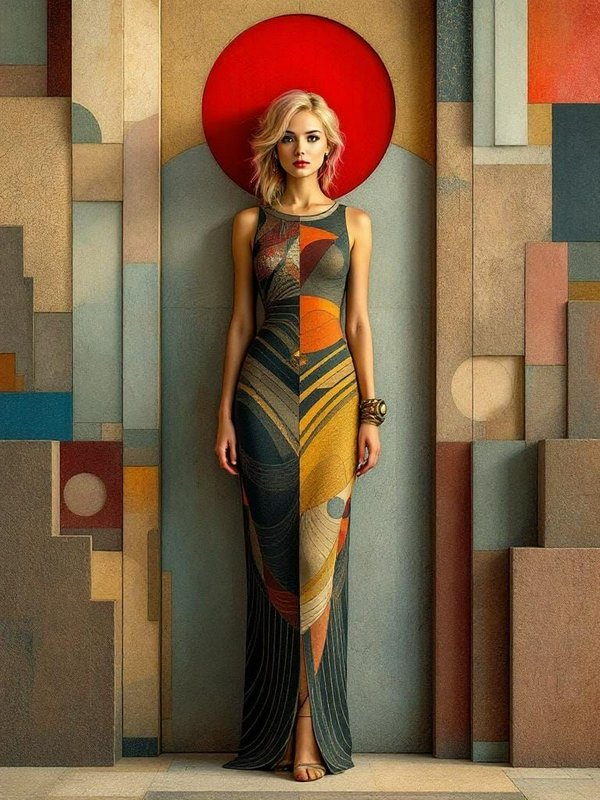 [Blonde model in a geometric patterned floor-length gown stands against a textured cubist art deco wall with a red circula...