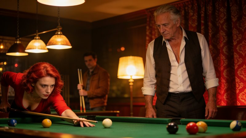 Warm, low-key cinematic realism built on amber and deep brown tones with pockets of saturated red punctuating the muted surroundings. Light falls from overhead fixtures in soft pooled circles, creating gentle glow with deep contrast ratios and rich shadow falloff into darkness. Rendering is naturalistic and lightly filmic, with smooth skin gradients, softly diffused highlights, subtle grain, and shallow depth that lets backgrounds dissolve into warm bokeh. Composition favors layered planes and an intimate, candid staging with balanced asymmetry.

Three adults: a red-haired woman in a low-cut red top, an older man in a dark waistcoat over an open white shirt, and a second man in a brown jacket holding cues in the background.

Medium shot at eye level. In the foreground left the woman leans low over a pool table, bridging a cue and lining up a shot, gaze down at the balls. The older man stands to the right, body angled toward her, looking down at the table. Behind them a third figure stands holding cues, blurred in shallow focus.

Scene set in a dim upscale billiards lounge during evening, with a warm intimate atmosphere, featuring a green felt table with scattered balls, hanging pendant lamps, a glowing floor lamp, and patterned drapery.
