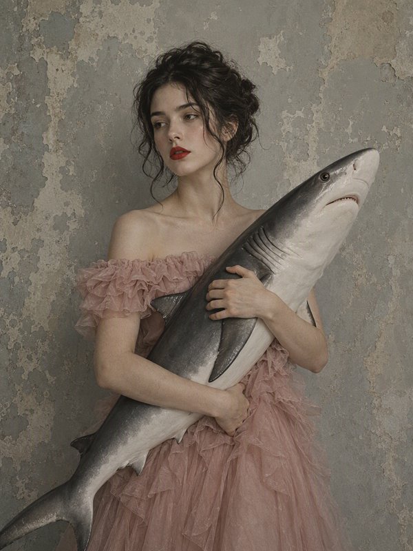 [Elegant woman in ruffled pink gown cradling a realistic shark prop against weathered peeling plaster wall]