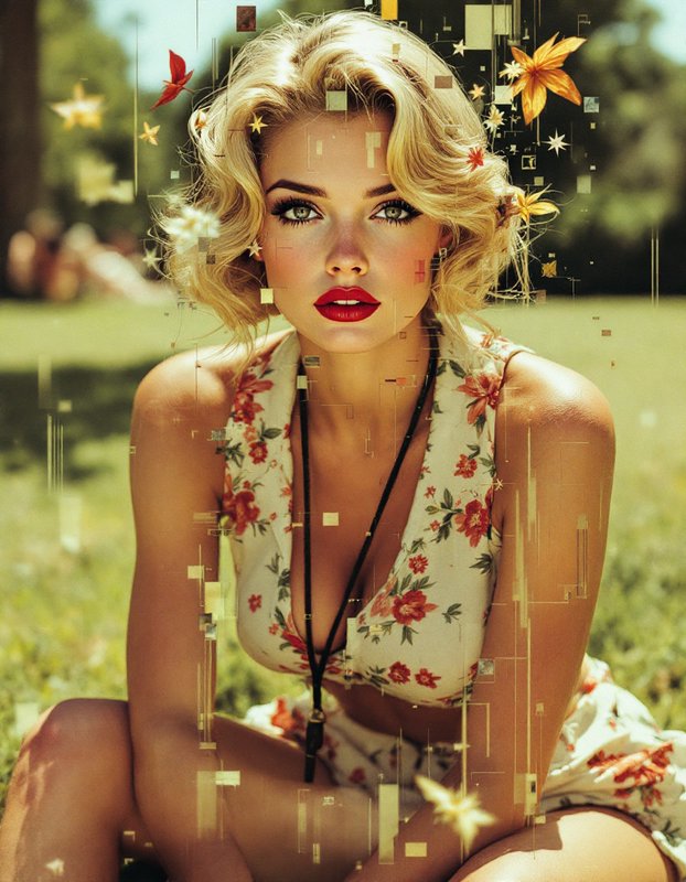 [Glitch art portrait of vintage-style blonde woman in floral summer wear seated in a sunlit park with floating digital flo...