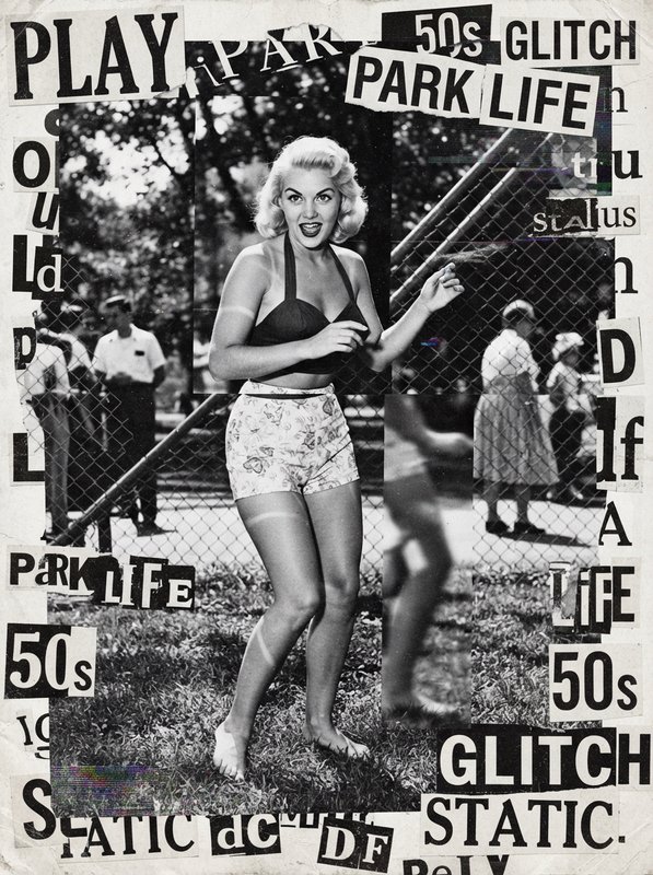 STYLE: "a fusion of Lee Friedlander + David Carson + glitch art where disorienting photographic composition combines with fragmented typography, featuring deliberate digital distortion, static noise textures, and abrupt tonal shifts. The technique preserves the original subject while applying communication breakdown aesthetics through strategic visual interference."

1950s blond, big brown eyes, tan lines, pin up woman, bold direct eye contact, full body, summer outfit playing in the park, bare feet