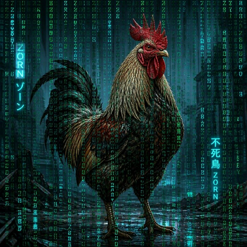 Imposing realistic rooster stands in a rainy cyberpunk dystopia, overlaid with cascading glowing green Matrix-style