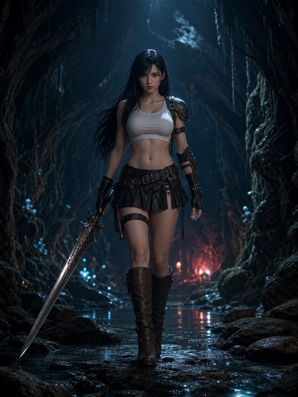 Stoic female fantasy warrior holding an ornate greatsword walks through a dark glowing wet root cave