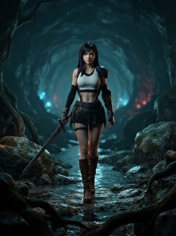 [Tifa Lockhart holds a broadsword while walking through a misty, root-tangled underground cave with shallow rippling water]