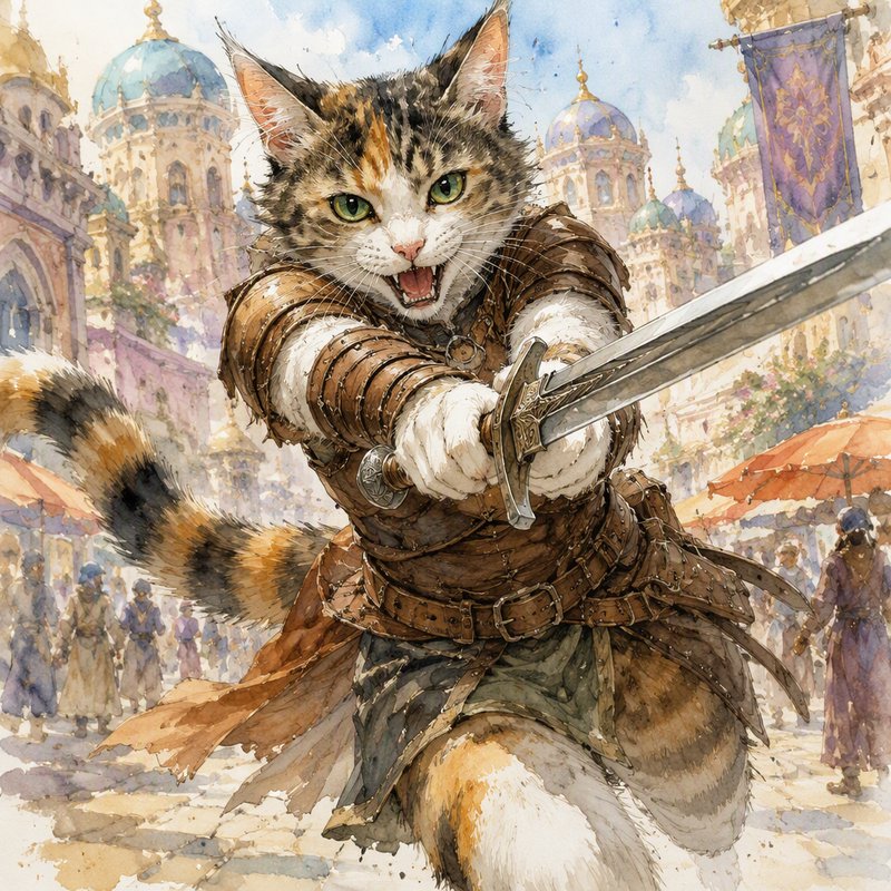Watercolor of fierce calico cat warrior in leather armor lunging with a sword in a fantasy palace city square
