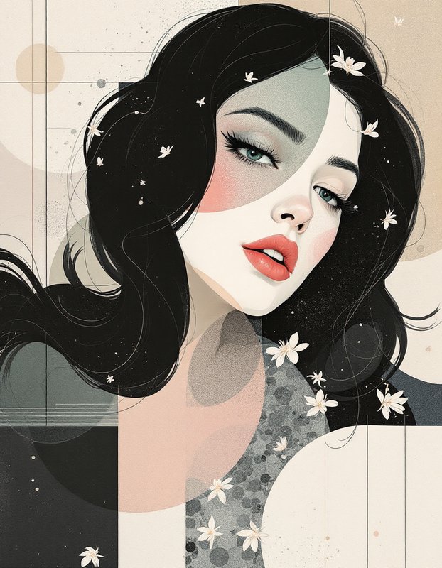 Stylized art deco portrait of a woman with wavy black hair, scattered white blossoms, muted geometric abstract background