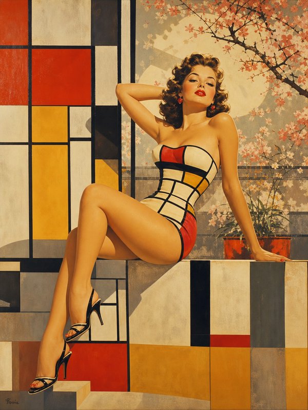 [Retro 1950s pin-up woman wearing Mondrian color-block swimsuit, posed against geometric panels and cherry blossom backdrop]