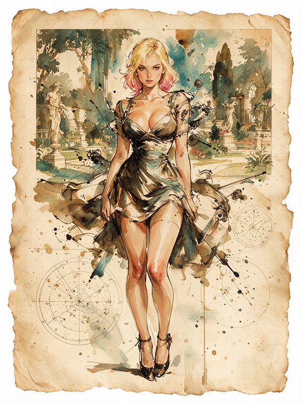 Watercolor portrait of blonde woman with pink hair tips, drawn on torn aged parchment with classical garden backdrop