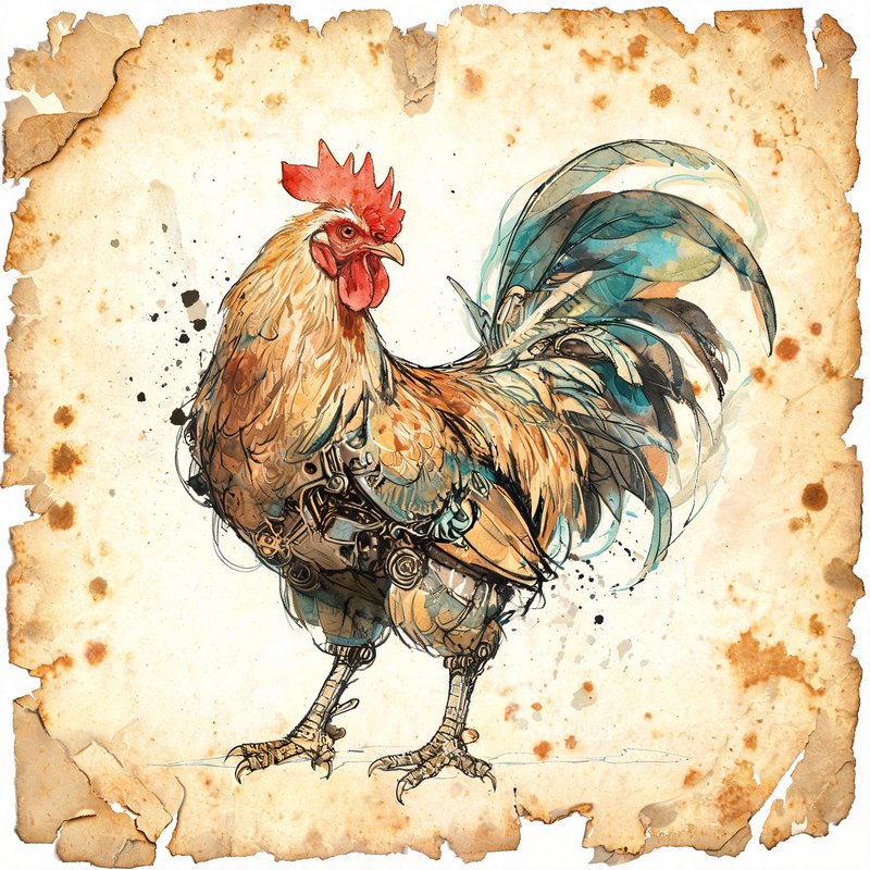 [Watercolor steampunk mechanical rooster illustration on tattered, stained vintage parchment background]